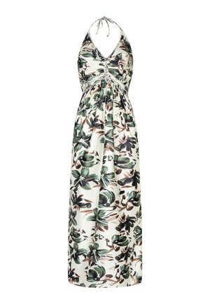 Maxi-jurk van een lichte stof met een halternek, bloemmotief met groene en bruine bladeren, een getailleerde taille en een volle rok.