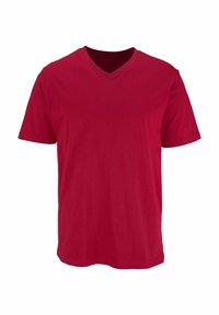 Red cotton t-shirt with a v-neck, short sleeves, and a relaxed fit. Smooth texture with no patterns or hardware details.