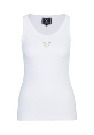 Débardeur blanc côtelé sans manches avec logo doré "19V69 Italia" centré sur la poitrine, étiquette taille small à l’intérieur de l'encolure.