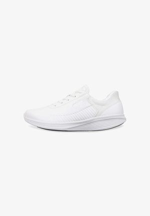 White athletic shoe with a smooth synthetic upper, textured side panels, lace-up design, and a lightweight cushioned sole.