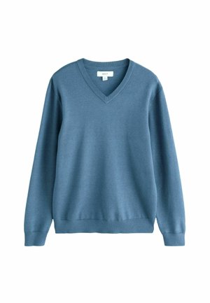 Helles blaues V-Ausschnitt-Sweatshirt aus weichem, strukturiertem Stoff. Verfügt über lange Ärmel sowie gerippte Bündchen und Saum für eine strukturierte Passform.