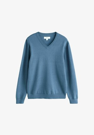 Helles blaues V-Ausschnitt-Sweatshirt aus weichem, strukturiertem Stoff. Verfügt über lange Ärmel sowie gerippte Bündchen und Saum für eine strukturierte Passform.