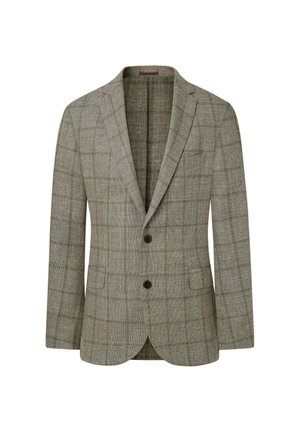 Light gray, plaid blazer with two front pockets, notch lapels, and two-button closure; textured fabric with subtle color variations.