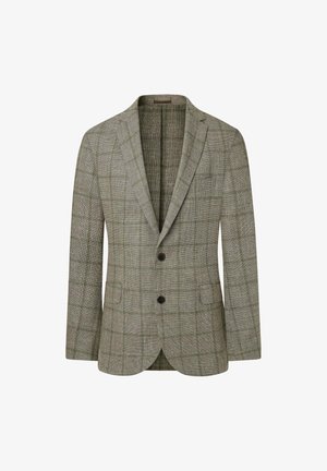 Blazer a quadri grigio chiaro, con due tasche frontali, revers a scanno e chiusura con due bottoni; tessuto testurizzato con sottili variazioni di colore.