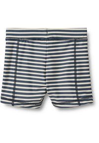 Randiga badbyxor i marinblå och krämfärg, med elastisk midja och platta sömmar för en slät finish.