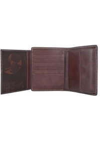 Braunes Lederportemonnaie öffnet sich und zeigt sechs Kartenfächer, zwei Fächer und ein gemustertes Innenfutter. Glatte Textur mit sichtbaren Nähakzenten.