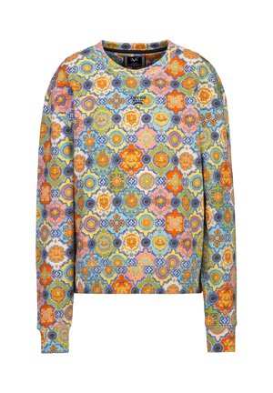 Trui met lange mouwen en ronde hals, met kleurrijke, complexe bloem- en geometrische tegelpatronen in oranje, blauw, geel, roze en groene tinten.