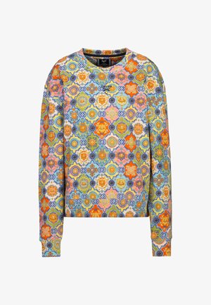 Trui met lange mouwen en ronde hals, met kleurrijke, complexe bloem- en geometrische tegelpatronen in oranje, blauw, geel, roze en groene tinten.