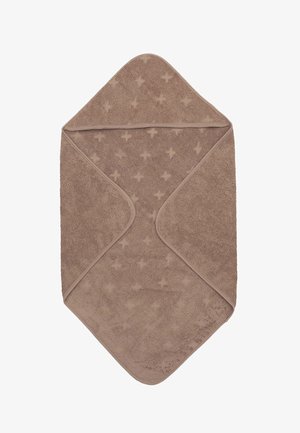 Brauner baby Kapuzenhandtuch mit Sternmustern und gesäumten Kanten, flach gefaltet vor weißem Hintergrund.