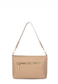Borsa a mano in pelle beige con texture liscia, forma rettangolare, tracolla regolabile e tasca frontale con zip e accessori in oro.