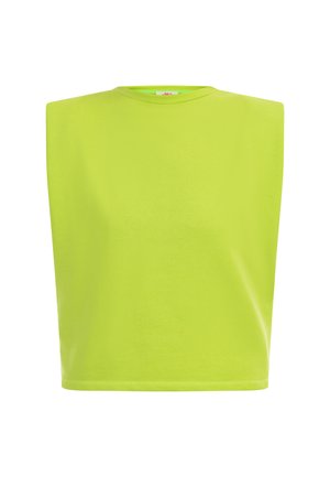Top senza maniche di un vivace verde lime, con un semplice scollo a girocollo e un tessuto morbido e liscio. Taglio dritto senza ulteriori decorazioni.