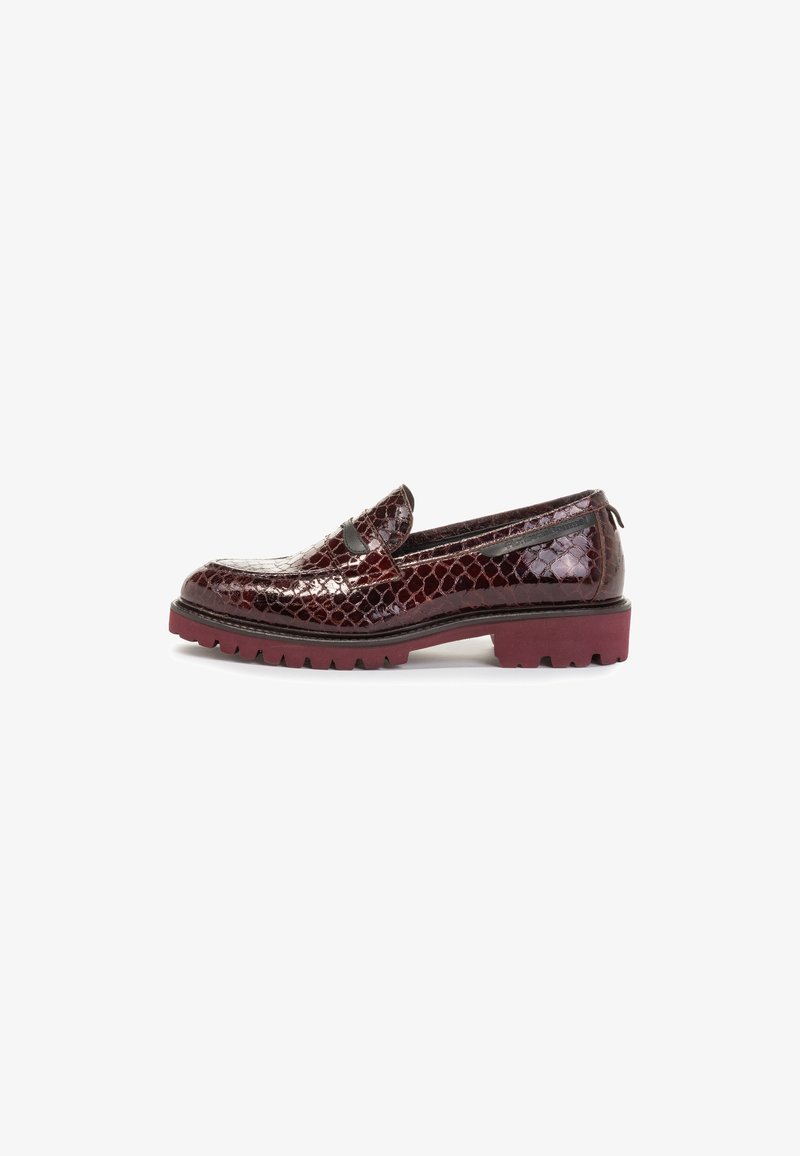 Burgundy patent leather loafers with a snakeskin pattern, featuring a low profile and a thick maroon rubber sole with traction.
