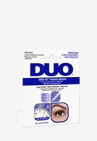 Duo Quick-Set strip lash adhesive in a white and clear package, featuring a silicone applicator and a stopwatch graphic, 5g total.