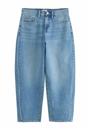 Svetlomodré rifle z denimu s vysokým pásom, rovný strih, predné zapínanie na gombík a zips, a dizajn s piatimi vreckami.