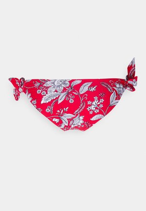 Parte de baixo de bikini vermelha com padrão floral e de folhas em branco, com laços em ambos os lados. Tecido suave e elástico com formato triangular.