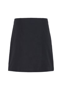 Jupe noire en coton de forme A avec une taille droite, coupe au genou, sans motifs ni embellissements visibles. Texture lisse.