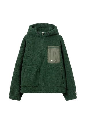 Grüne Fleece-Hoodie-Jacke mit strukturierter Oberfläche, Frontreißverschluss, zwei großen Taschen und einer mit Reißverschluss versehenen Brusttasche aus einem kontrastierenden Material.