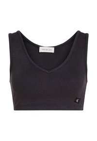 Top corto de canalé gris oscuro con escote en V, tirantes finos y un pequeño acento de logo negro en la parte delantera. Material suave de mezcla de algodón.
