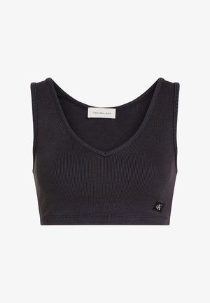 Ciemnoszary, prążkowany top z krótkim rękawem, z dekoltem w kształcie litery V, cienkimi ramiączkami i małym czarnym logo z przodu. Miękki materiał z mieszanki bawełny.