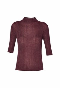 Viininpunainen ribbineulottu yläosa, jossa on korkea kaulus ja lyhyet hihat; siinä on metallinen hohto ja pehmeä rakenne, suunniteltu istumaan tiukasti.