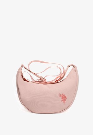 Borsa a spalla in tessuto rosa con forma curva, caratterizzata da una superficie texturizzata e una sottile tracolla. Include un piccolo ricamo decorativo.