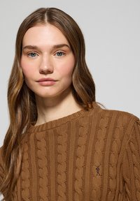 Brązowy sweter dziany z wzorem w warkocze, okrągłym dekoltem i małym logo po lewej stronie. Miękka tekstura i luźny krój.