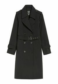 Czarny podwójnie zapięty trencz z paskiem, wykonany z gładkiego materiału, z dużymi guzikami, pagonami i paskami na mankietach.
