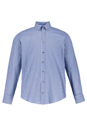 Long-sleeve, button-up shirt in blue and white gingham pattern. Features a pointed collar and chest pocket, with gold-tone buttons.