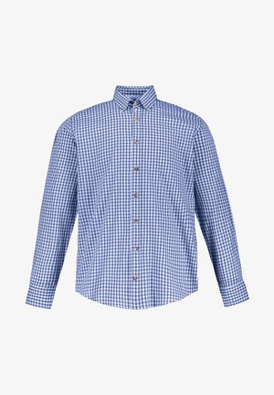 Langärmliges, knöpfbares Hemd im blauen und weißen Karomuster. Verfügt über einen spitzen Kragen und eine Brusttasche, mit goldfarbenen Knöpfen.