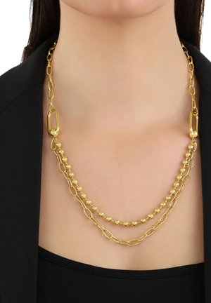 Collana d'oro caratterizzata da due design sovrapposti: uno con palline tonde e l'altro con anelli allungati, entrambi con una finitura lucida.