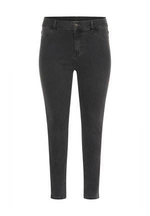 Jeans skinny de mezclilla negra con una cintura de media altura, cinco bolsillos y un cierre frontal. Presenta un ligero desgastado y una textura suave.