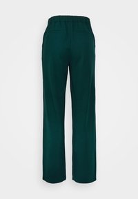 Dark green, wide-leg pants with a smooth texture, featuring an elastic waistband and two back pockets.