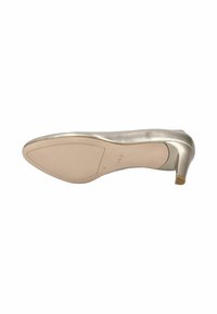 Chaussure à talon haut beige métallisé avec un bout pointu, un talon fin et une texture lisse. La semelle extérieure présente un design plat avec un minimum de marquage.