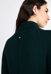 Dunkelgrüner Strickpullover mit hohem Kragen, ausgestattet mit einer vertikalen Naht und einem kleinen goldenen Hardware-Detail auf der Rückseite.