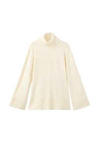 Suéter crema de cuello alto con mangas largas, puños y dobladillo acanalados. Fabricado en un suave tejido de punto, presenta un corte holgado y una textura suave.