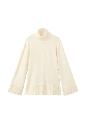 Suéter crema de cuello alto con mangas largas, puños y dobladillo acanalados. Fabricado en un suave tejido de punto, presenta un corte holgado y una textura suave.