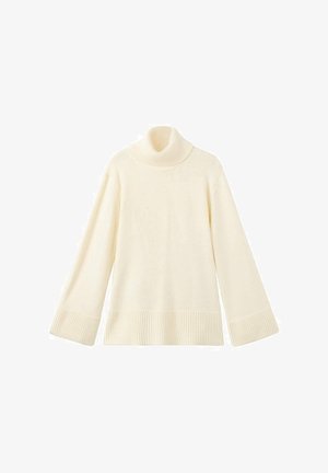 Suéter crema de cuello alto con mangas largas, puños y dobladillo acanalados. Fabricado en un suave tejido de punto, presenta un corte holgado y una textura suave.
