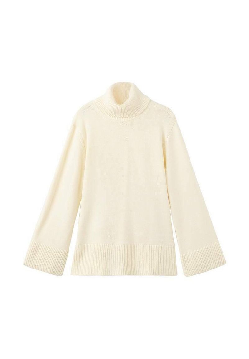 Suéter crema de cuello alto con mangas largas, puños y dobladillo acanalados. Fabricado en un suave tejido de punto, presenta un corte holgado y una textura suave.