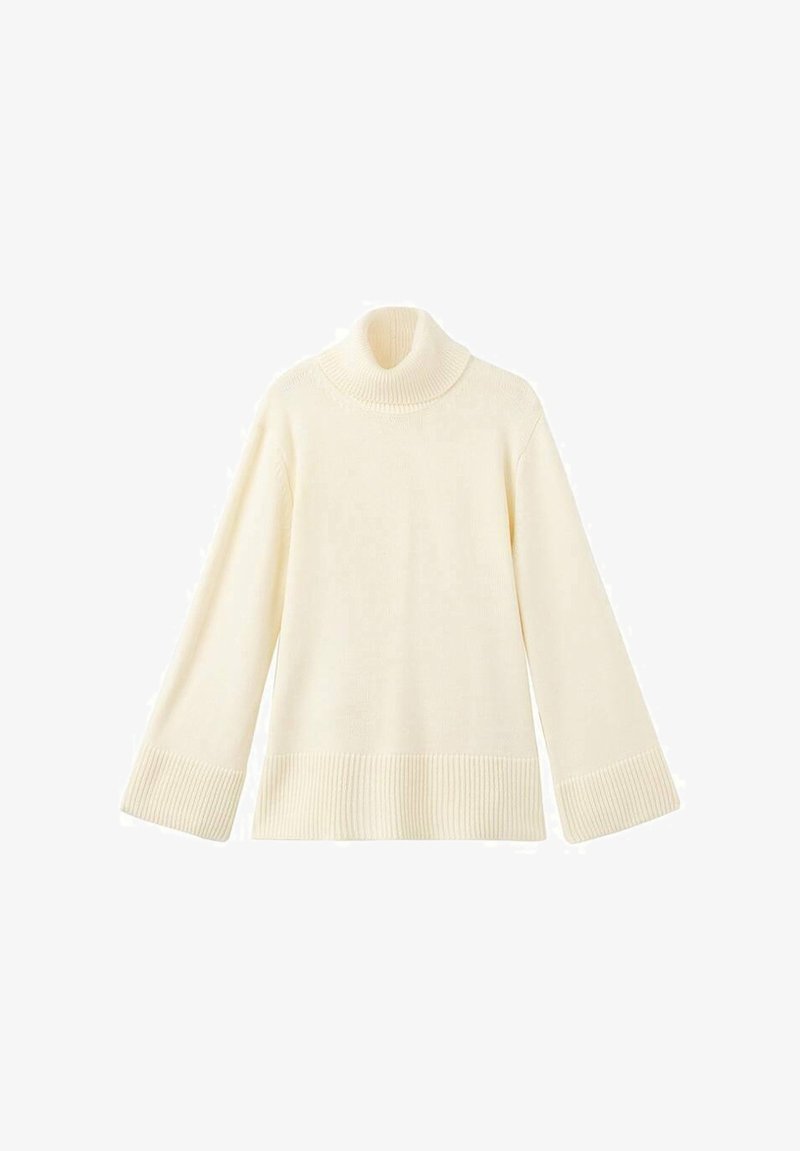 Cream turtleneck sweater with long sleeves, ribbed cuffs, and hem. Made from a soft knit fabric, featuring a relaxed fit and smooth texture.