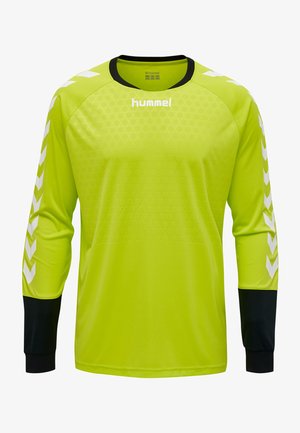 Langærmet trøje i klar neon gul med et tekstureret mønster, sorte detaljer og hvide chevron-striber langs ærmerne. Brandlogo vist.