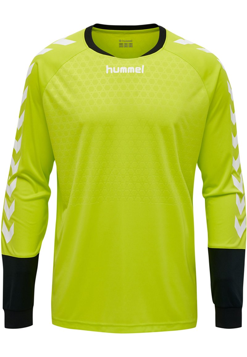 Maglia a maniche lunghe di un vivace giallo neon con un motivo texturizzato, accenti neri e strisce a forma di chevron bianche lungo le maniche. Logo del marchio in evidenza.