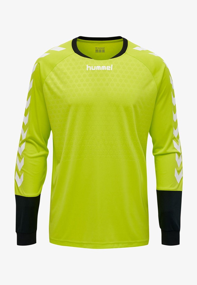 Langarm-Trikot in leuchtend neongelb mit strukturiertem Muster, schwarzen Akzenten und weißen Chevronstreifen entlang der Ärmel. Markenlogo angezeigt.