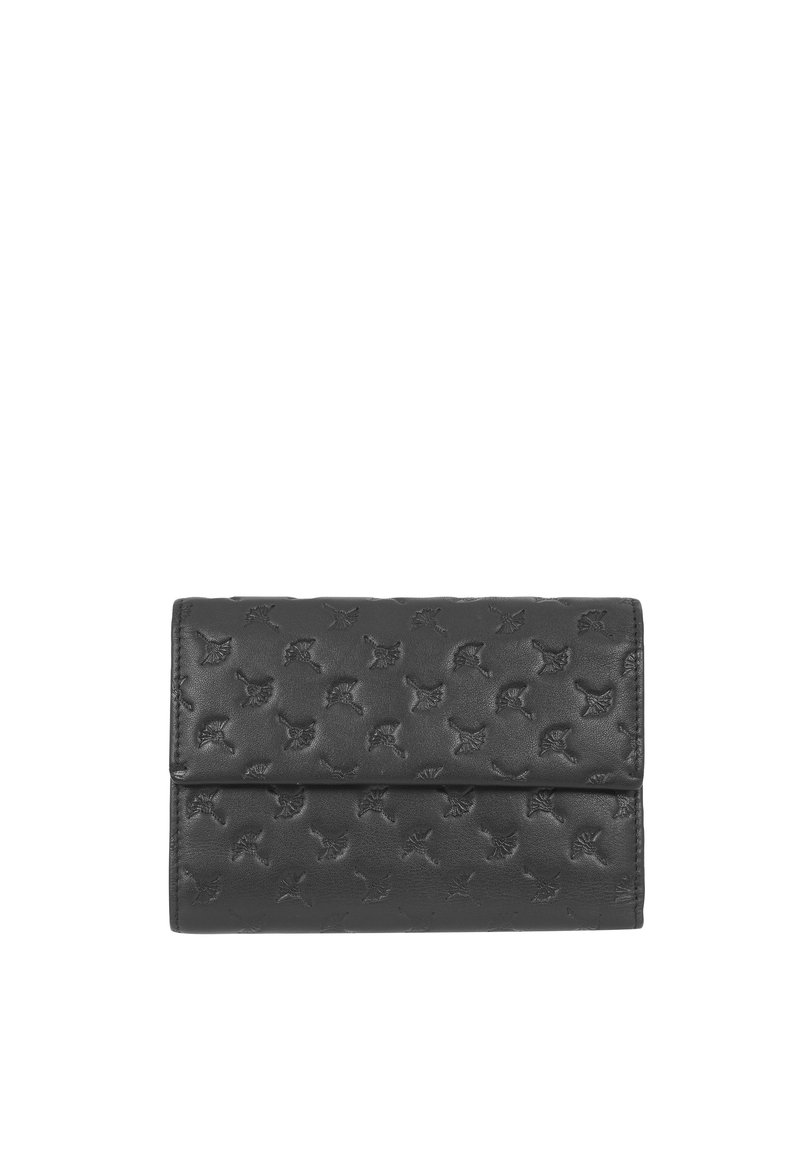 Portafoglio in pelle nera con motivo foglia embosso, forma rettangolare e chiusura a ribalta. Texture liscia e dettagli di cucitura ordinati.