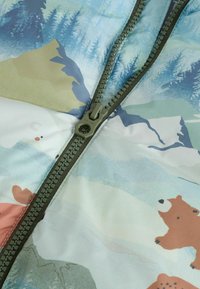 Section de doudounes avec un imprimé nature multicolore comprenant des ours et des montagnes, en tissu léger, et une fermeture éclair verte avec une tirette ronde.