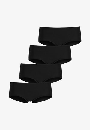 Zwart hipster ondergoed set van vier. Gemaakt van een gladde stof met een naadloos ontwerp en een gemiddelde taille. Geen zichtbare patronen of accenten.