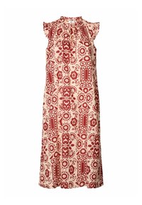 Vestito senza maniche con collo alto, realizzato in tessuto leggero, caratterizzato da un motivo floreale e geometrico rosso e crema, con accentuazioni arricciate sulle spalle.