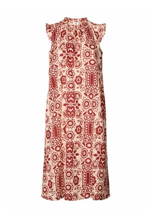 Sleeveless dress with a high neck, made of light fabric, featuring a red and cream floral and geometric pattern, with ruffled shoulder accents.