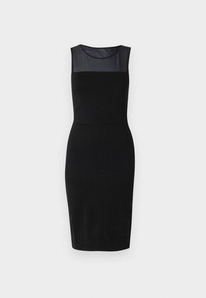 Black sleeveless dress with a fitted silhouette, featuring a transparent mesh upper section. Smooth fabric without visible patterns.