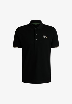 Czarna koszulka polo wykonana z mieszanki bawełny, z kołnierzykiem, zapięciem na trzy guziki oraz haftowanym logo i akcentującymi paskami na rękawach.