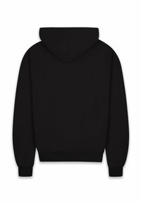 Schwarzer Kapuzenpullover mit großer Kapuze, gerippten Bündchen und Saum, aus weichem Stoff gefertigt, mit einem einfachen, klaren Design ohne Grafiken oder Muster.